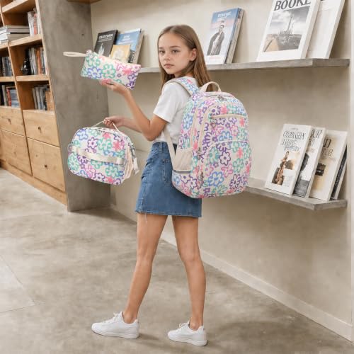 Rexmore Girls 3Pcs Backpack Set with Lunch Box & Pencil Case, Beige - color: Beige