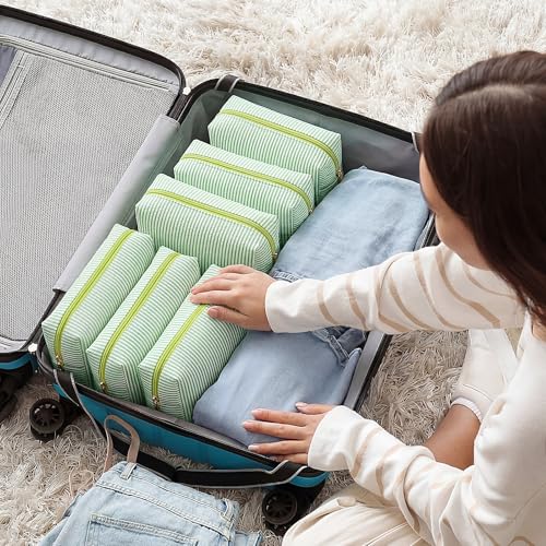 Sanwuta 6 Pcs Seersucker Cosmetic Bags Bulk, Striped Zippered,Green - color: Green