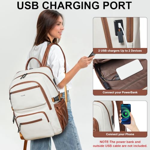Leather Laptop Backpack for Women with RFID Wristlet Purse, Fits 17" Laptop - color: 1-1 Beige