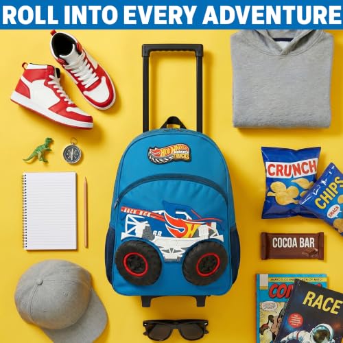 Get Trend Hot Wheels Monster Trucks 3D Rolling Luggage, 18” Travel Bag - color: Blue/Black Hot Wheels