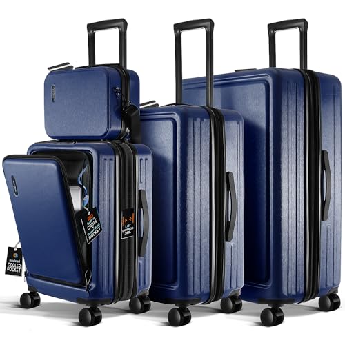 TRAVELARIM 4 Piece Luggage Sets with Spinner Wheels, Travel Suitcase Set - color: Navy, size: 4 Piece Set (20/24/28)