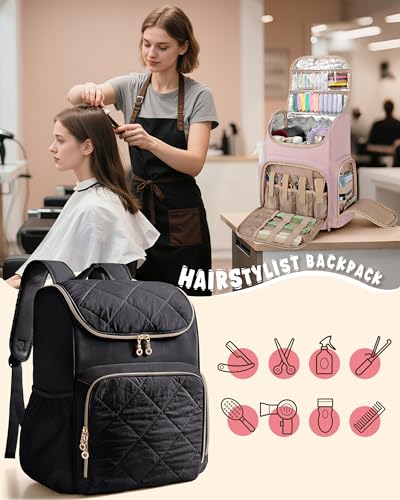 Marscamd Insulated Hairstylist Travel Bag Backpack with Detachable Divider - color: Pink