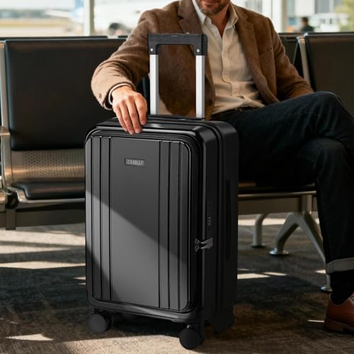 Carry On Luggage with Top Opening, Expandable with Cup Holder and USB Charging Port, Hard Shell Suitcases with Spinner Wheels, Phone Mount, Side Hooks (Black, 20inch(EXT)) - color: Black