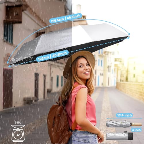 G4Free Windproof Travel Umbrella with Large Wooden Handle 46" Canopy - color: Silver/Black