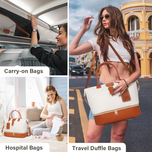 Leather Weekender Bags for Women, Travel Duffel Bag PU Overnight Bag Carry On Tote Bag with Shoe Compartment Wet Pocket - color: White Brown, size: Large