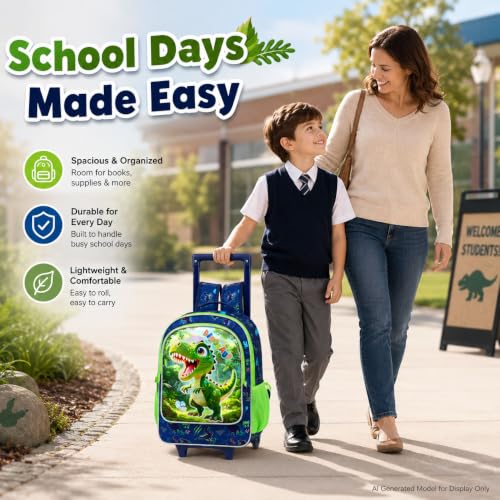 KLFVB Rolling Backpack for Girls Boys, Kids Roller Wheels School Bookbag with Lunch Bag, Wheeled School Bag for Children - color: Uv Priting Cute Dinosaur Rolling Backpack Set
