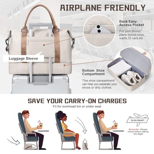 Travel Duffel Bag with Shoes Compartment,Weekender Bags for Women Travel - color: Beige & Brown, size: Extra Large
