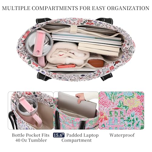 Tote Bag for Women with LaptopCompartment & Cup Holder - color: Pink Oasis