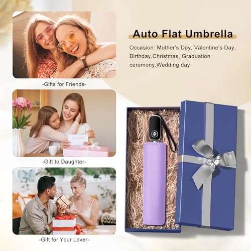 Automatic Mini Flat Umbrella Compact Travel Rain | Auto open close mini flat umbrella for purse, pocket, backpack, car, school, commute, office, travel and daily rain gifts - color: 05.Light Purple, size: 42inch