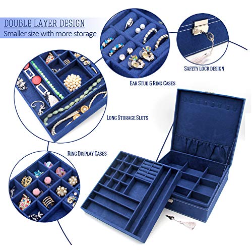 Two-Layer Jewelry Box Organizer Display Storage case with Lock (Deep Blue) - color: Deep Blue