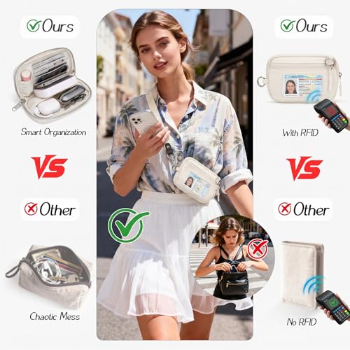 CYSIYU Small Crossbody Bag with Phone Lanyard and Wrist Strap Mini Checkered 4.5x6.5 Purse with RFID Clip and Go for Travel - color: Cream, size: Mini