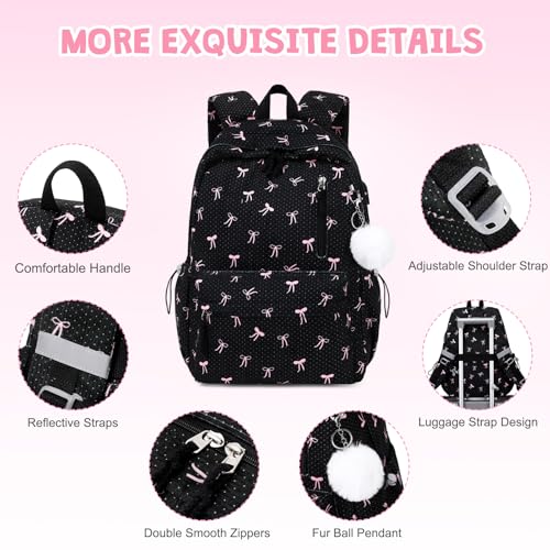3PCS Corduroy Girls Backpack w/ Lunch Box & Pencil Bag (Black Bow Tie) - color: Black Bow Tie