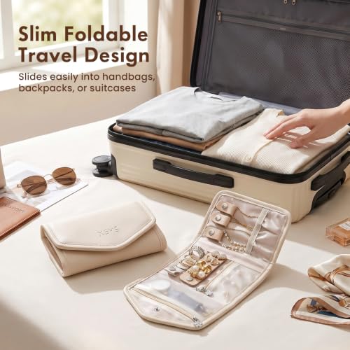 Travel Jewelry Organizer Roll, Foldable Pouch for Earring, Necklace, Ring - color: Beige