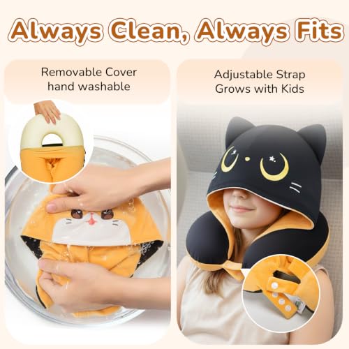 Mewaii Kids Travel Neck Pillow, Airplane Pillow with Cat Ear Hood, Orange - color: Orange