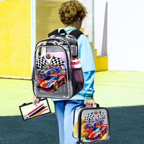 HPJGD Reflective Safety Kids Clear Backpack, 3PCS Transparent Bookbag Set for Boys, Heavy-Duty See Through School Bag for Elementary Students - Race Car Black - color: Cool Uv Racing Car Black Clear Backpack