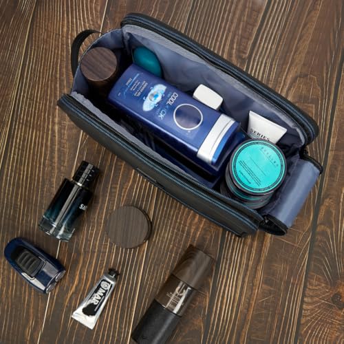 ZEEMO Travel Toiletry Bag for Men, Full Open Dopp Kit with Dual Compartment - color: Black and Blue, size: Large