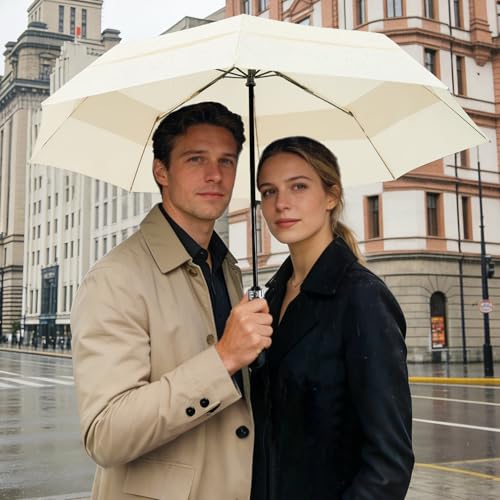 Windproof Golf Umbrella Large 54 Inch Folding Auto Open Close Wood Handle - color: 13.Beige