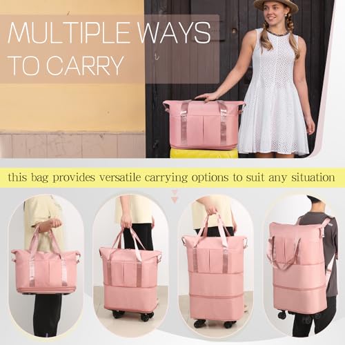 Duffel Bag with Wheels - Rolling Foldable Expandable Duffle bags for Travel, Rolling Under Seat Luggage Carry On Travel Bag, Large Wheeled Overnight Weekender Bag (Pink) - color: Pink