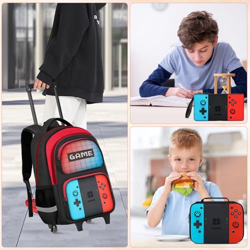 TILYTADLY Gamer Rolling Backpack for Boys - 3PCS Boys Rolling Backpack With Lunch Box and Pencil Case for Kids Children Teens Elementary Middle School,HFHTDC Roller Bookbag With Wheels for Aged 6-18 - color: 2c-red-blue-backpack Set