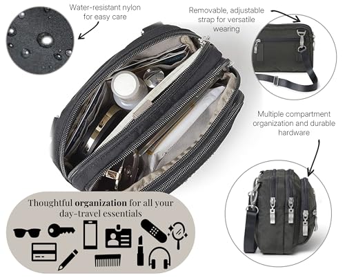 Baggallini Triple Zip Small Crossbody Bag for Women - Lightweight Convertible Fanny Pack Belt Bag - color: Charcoal, style: Slim Strap