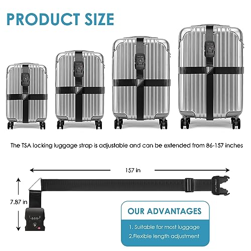 Travel Inspira TSA Accepted Long Luggage Cross Straps for Suitcases - color: Cross Black