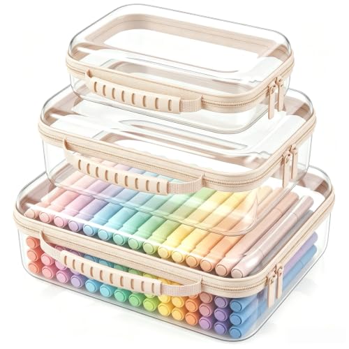 Clear Hard Shell Zipper Organizer Cases, 3 Pack with Handles - color: Beige