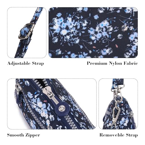 Small Wristlet Wallets for Women Nylon RFID Cross body bag - color: Floral Blue