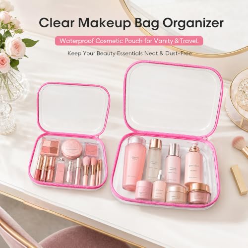 3 PCS Clear Hard Shell Zipper Case, Transparent Zipper Pouch, Pink - color: Pink