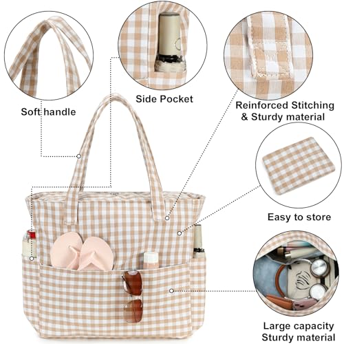 Bluboon Beach Bags for Women, Large Waterproof Tote Bag With Wet Compartment for Pool Weekender Travel Gym - color: Brown White Checkered-1