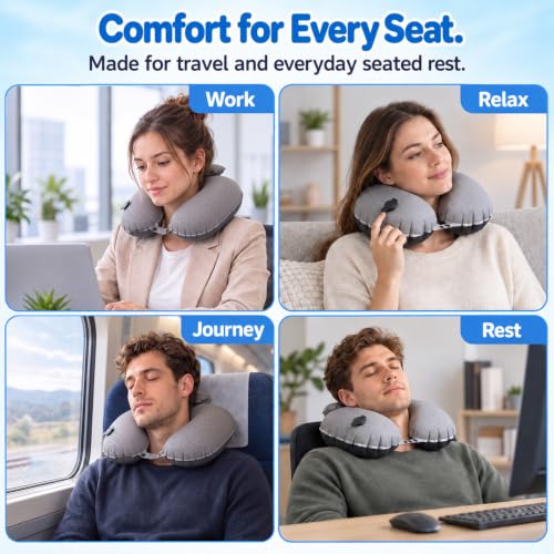 Inflatable Neck Pillow for Airplanes, Travel Neck Pillow - color: Gray