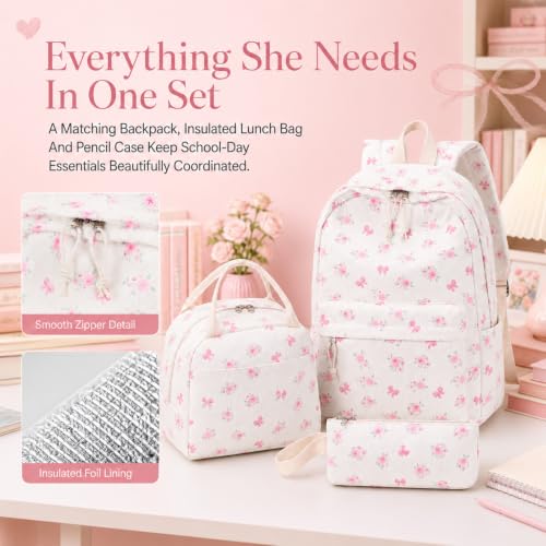 LEDAOU Backpack for Girls School Bag Kids Bookbag Teen Backpack Set Daypack with Lunch Bag and Pencil Case - color: Pink Small Flower Bow - Beige