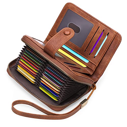 GAEKEAO Leather Credit Card Holder Wallet for Women RFID Blocking Large Capacity Bifold Zipper Card Case Organizer with Wristlet 32 Slots - color: B-Bronze-Large