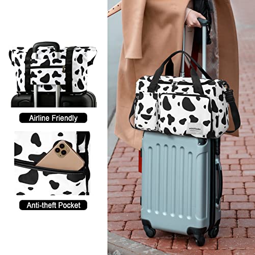 WOOMADA Foldable Travel Duffel Bag with Shoes Compartment, Overnight Bag with Wet Pocket & Trolley Sleeve, Weekender Bags for Women (cow) - color: cow