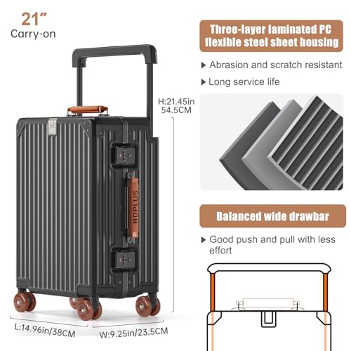 ROPLUS Aluminium Frame Carry on Luggage with Smooth Jelly Wheels, Hardside Zipperless Rolling Suitcase with TSA Lock (Grey, 21-Inch) - color: Grey& Brown, size: 21 inch