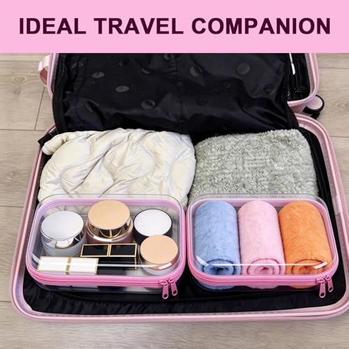 2 Pack Pink Clear Hard Shell Zipper Case, 8.86" x 6.38", Zipper Pouch | TSA Approved,Plastic Hard Shell,Waterproof,2 Medium - color: Pink