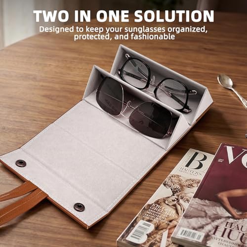 Foldable Sunglasses Travel Case for Two Pair | Portable Multiple Glasses Organizer for Women, Men, Girls, Compact Eyeglass Holder with Snap Closure for Purse, Backpack, Car