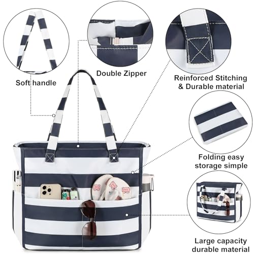 Bluboon Waterproof Beach Tote Pool Bags for Women Ladies Extra Large Carry On Bag With Wet Compartment for Weekender Travel - color: Blue Grey Stripes