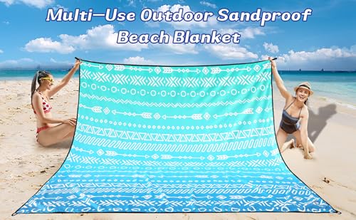 WIWIGO Beach Blanket Mat Waterproof Sandproof for 2-8 Adults Quick Drying - color: Blue Geometric Tribe, size: 79" X 83"(1-4person)