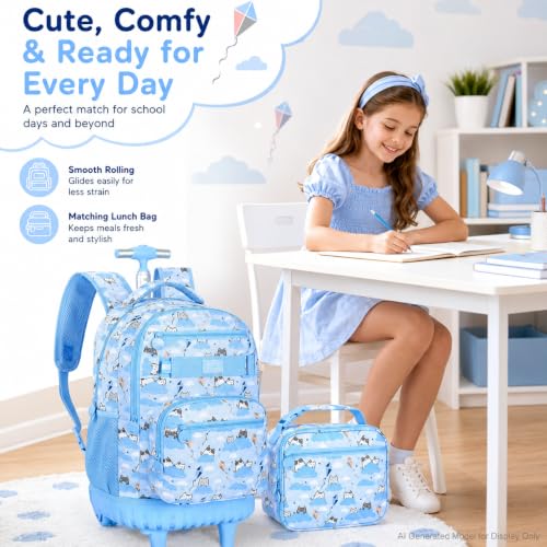 UFNDC 3PCS Rolling Backpack for Girls, Women Blue Cloudy Cat Backpacks with Wheels,Water-Resistant Travel Roller Wheeled Bookbag - color: Rolling Backpack Cloud Cat Blue