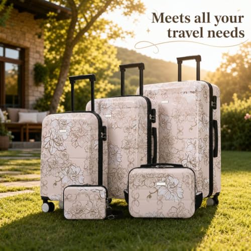 5-Piece Hardside Lightweight Impact-Resistant Luggage Set with 20/24/28 Inch Suitcases, 8/14 Inch Carry Cases, Combination Lock, Smooth Spinner Wheels for All Travel Needs - color: Pink Flower