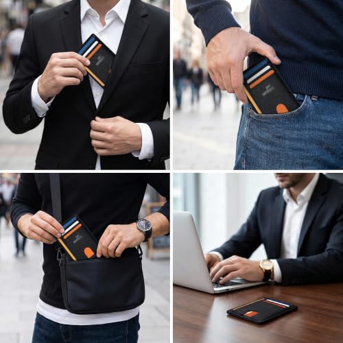 Genuine Leather Mens Wallet Slim RFID Blocking Credit Card Holder - color: Saffiano Black