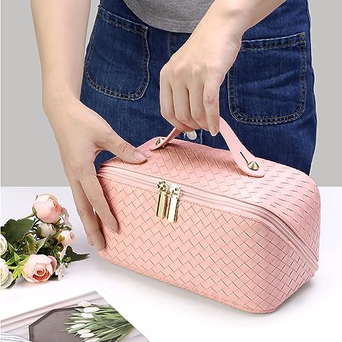ALEXTINA Travel Makeup Bag, Woven PU Leather Cosmetic Bag, Pink - color: woven-pink, size: Medium