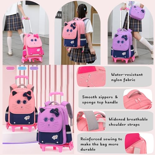 2Pcs Girls Rolling Backpack, Cute Cat Face Kids School Bag Bookbag Roller Backpack for Girls with 6 Wheels, 2Pcs-Pink - color: 6 Wheels-2pcs-pink, style: 6 Wheels