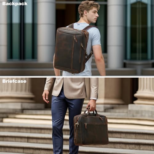 TIDING Full Grain Leather Convertible Briefcase Backpack for Men - color: Dark Brown