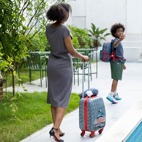 Nautica Kids Luggage - 18" Airline Approved Rolling Hardside Upright Carry-on Suitcase Set with Wheels (Shark Attack | 5pc Travel Set) - color: Shark Attack | 5pc Travel Set