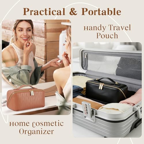 Travel Makeup Bag Large Capacity Cosmetic Bags for Women, Waterproof Toiletry Bag Open Flat Makeup Bag with Compartments and Handle, Portable Cosmetic Organizer Pouch, Black - color: Black