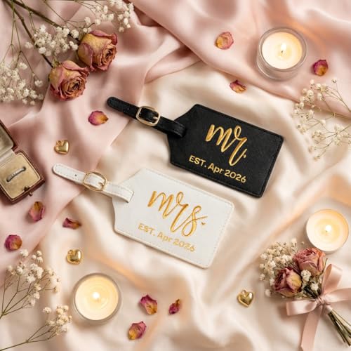 Mr and Mrs Est Luggage Tag, Embroidered Mr Mrs Luggage Tag with Est Date, Honeymoon Suitcase Accessories, Wedding Gift for Couples, Bridal Shower Present (Est. Apr 2026) - style: Est. Apr 2026