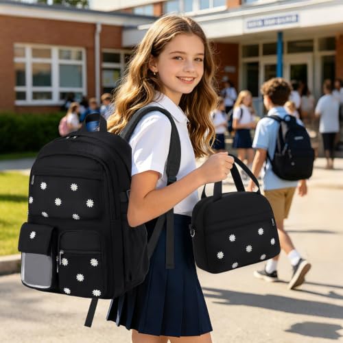 ACESAK 3PCS Embroidered Girls Backpack with Lunch Bag Set,Black Daisy - color: Black Daisy