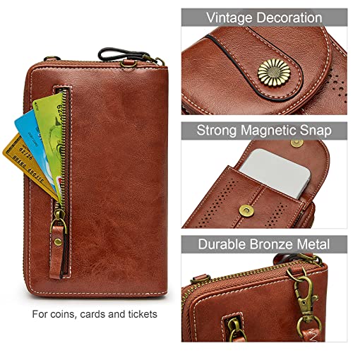 S-ZONE Women RFID Blocking Crossbody Cell Phone Purse PU Leather Wallet - color: Brown