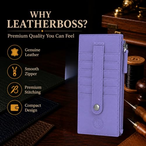 Leatherboss Genuine Leather Women's All in One Credit Business Card Case Holder Slim Zipper Wallet With a Card Protection Strap, Purple - color: Purple